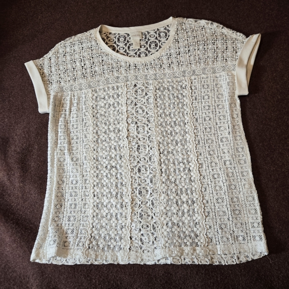 Chico's Size 1 (M) Ivory Lace Blouse Unlined Short Sleeved